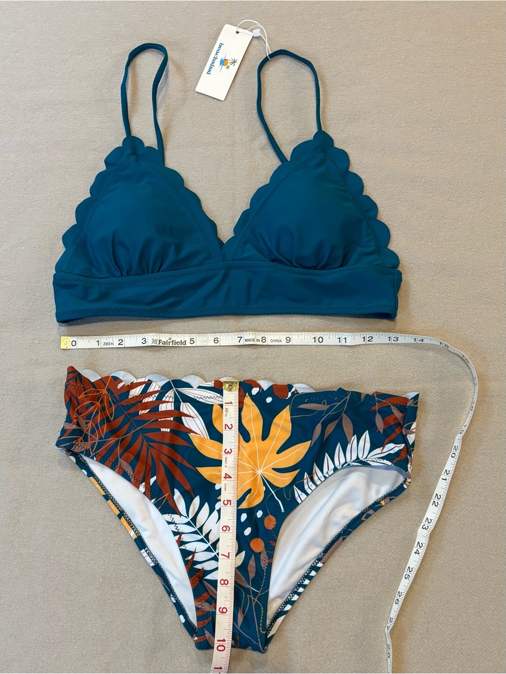Beachsissi Teal Scalloped Triangle Bikini Top & Tropical Print Bottoms Large